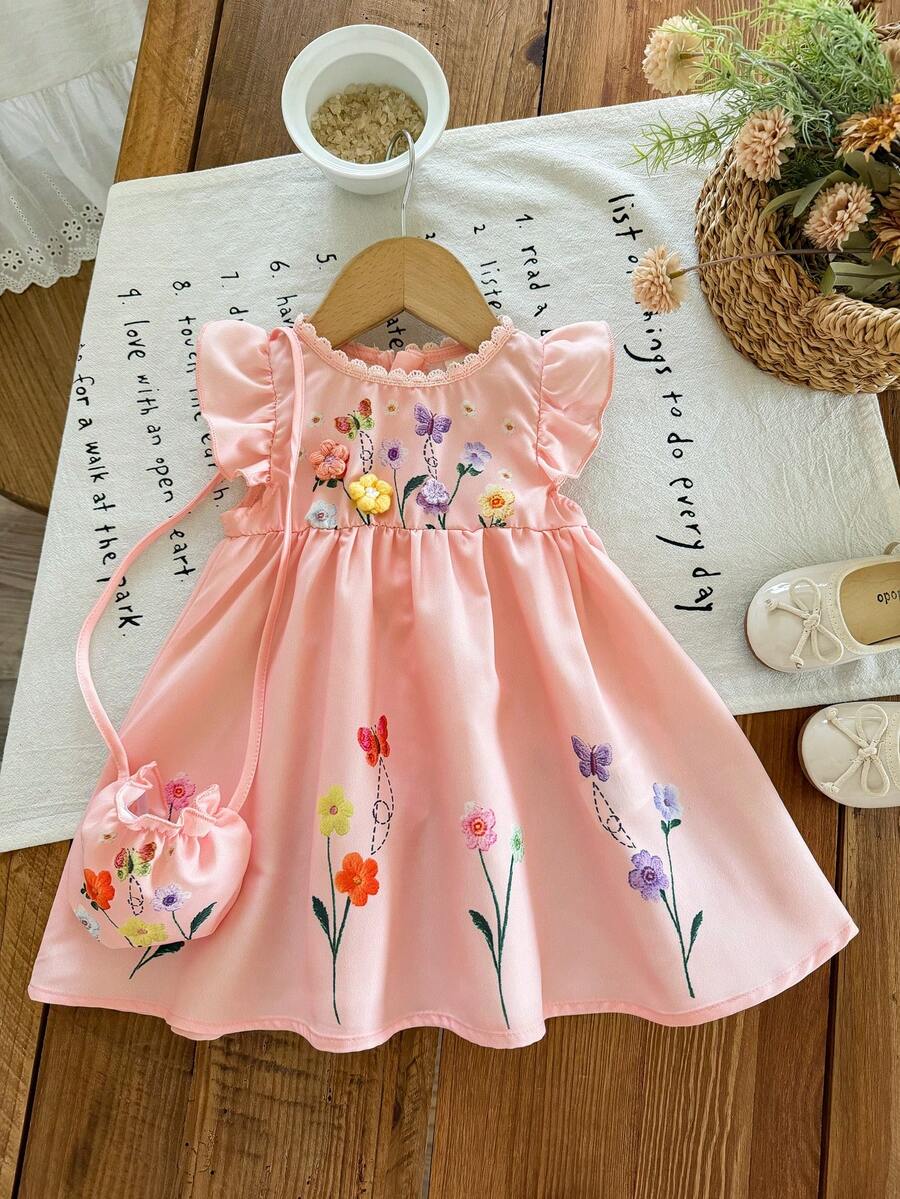 Infant Girl 2-Piece Embroidered Dress Set with Diagonal Shoulder Bag