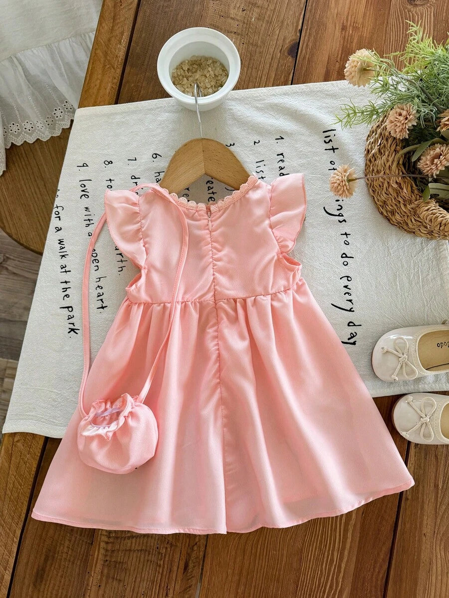 Infant Girl 2-Piece Embroidered Dress Set with Diagonal Shoulder Bag