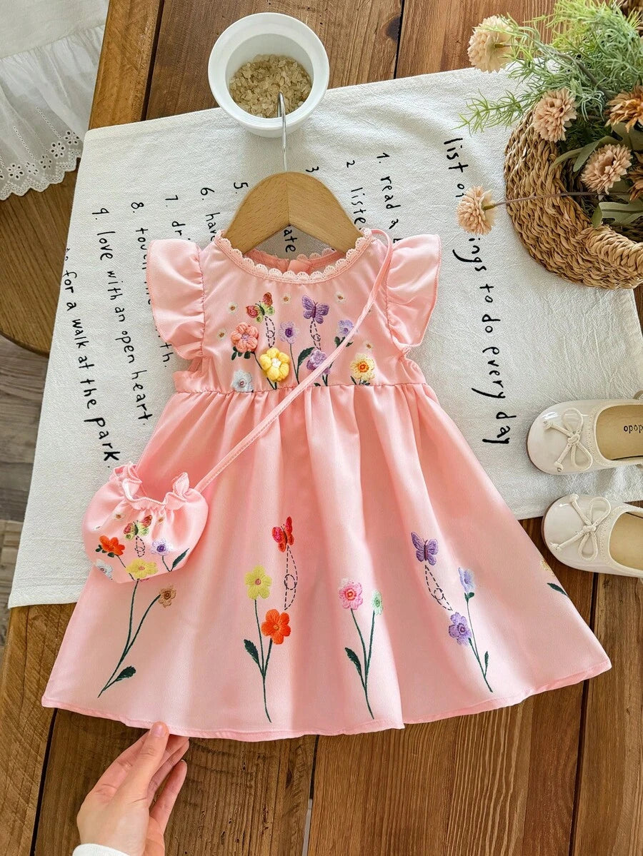 Infant Girl 2-Piece Embroidered Dress Set with Diagonal Shoulder Bag