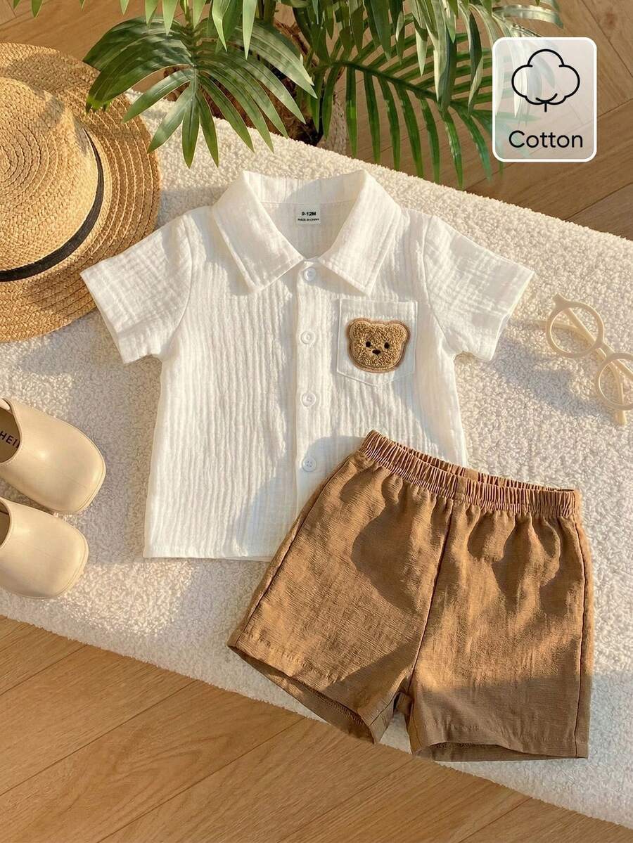 Infant Baby Boy Green White Striped Waffle Knit Polo Shirt and Shorts 2 Piece Casual Outfit Set