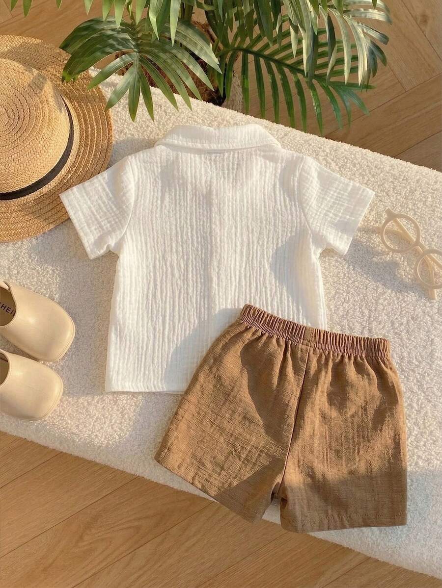 Infant Baby Boy Green White Striped Waffle Knit Polo Shirt and Shorts 2 Piece Casual Outfit Set