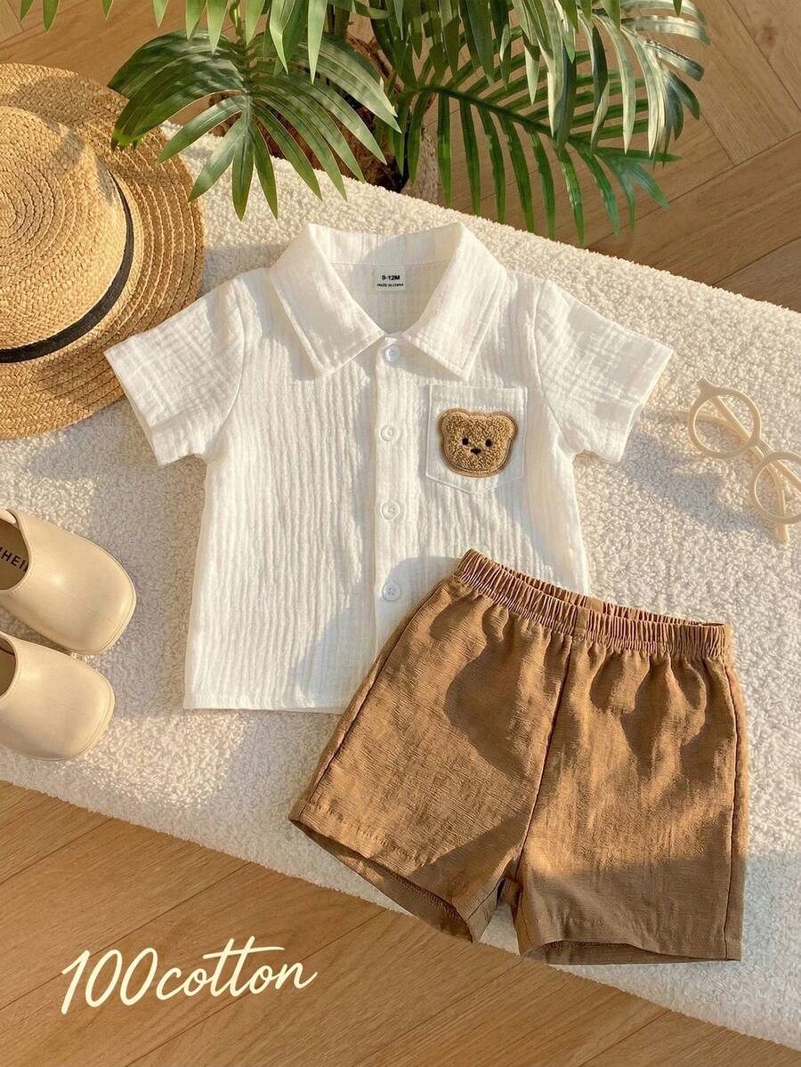 Infant Baby Boy Green White Striped Waffle Knit Polo Shirt and Shorts 2 Piece Casual Outfit Set