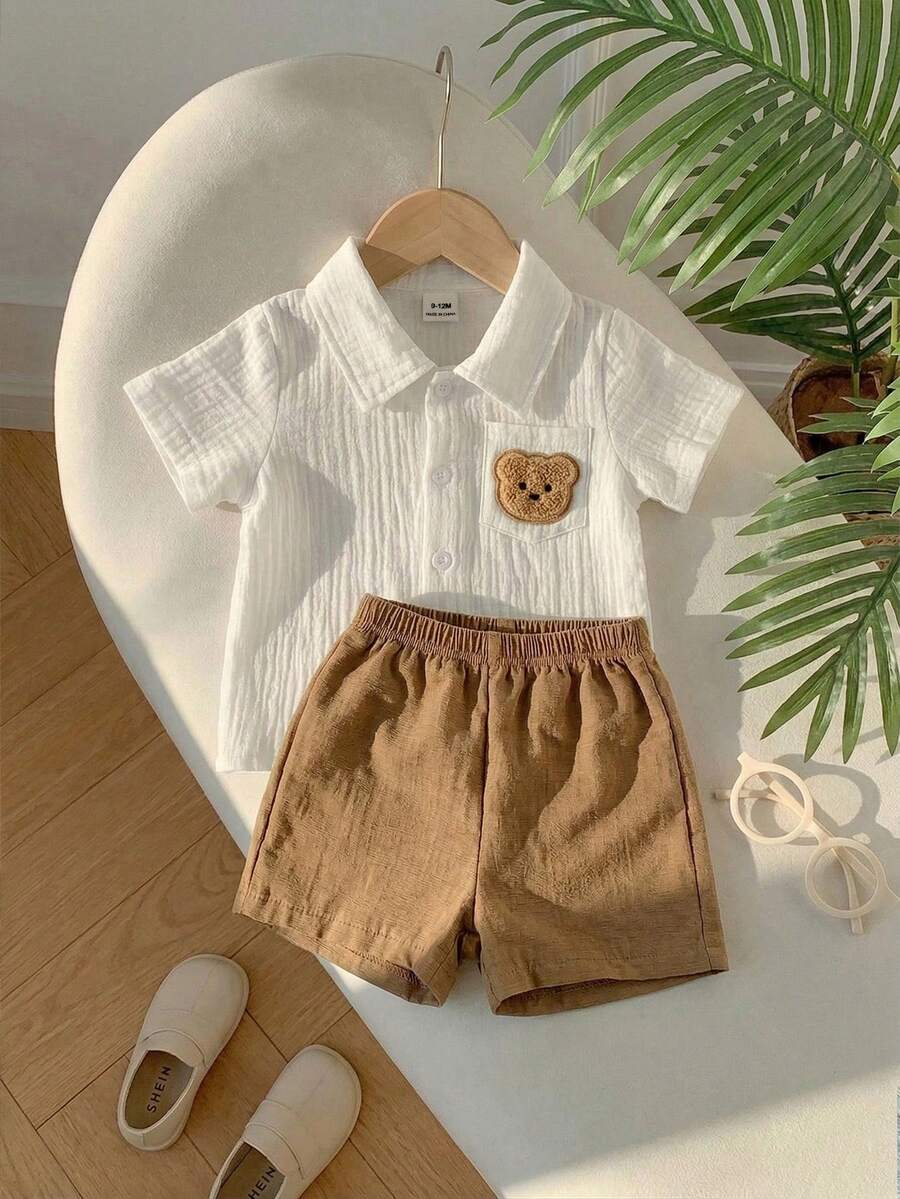Infant Baby Boy Green White Striped Waffle Knit Polo Shirt and Shorts 2 Piece Casual Outfit Set