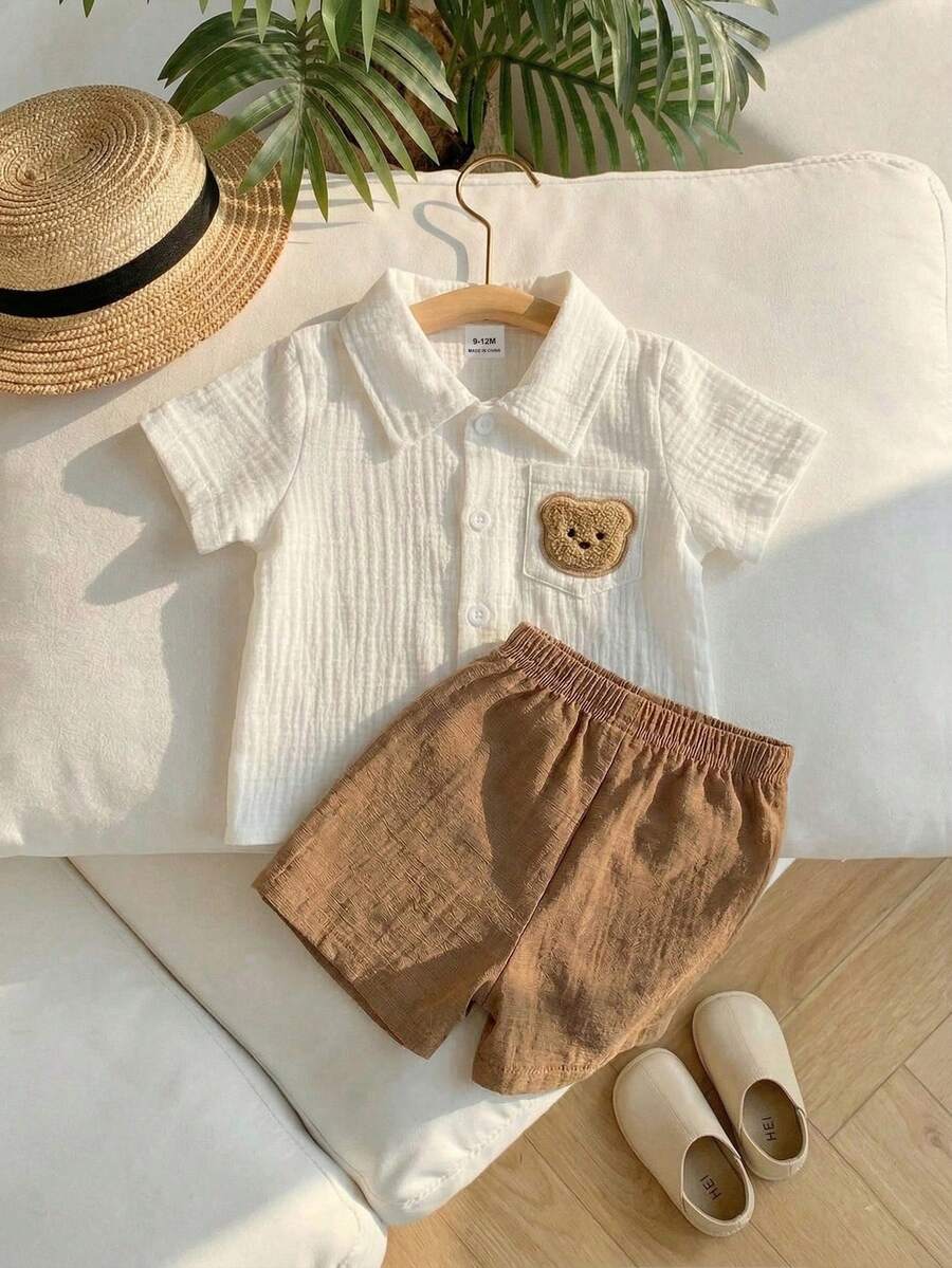 Infant Baby Boy Green White Striped Waffle Knit Polo Shirt and Shorts 2 Piece Casual Outfit Set