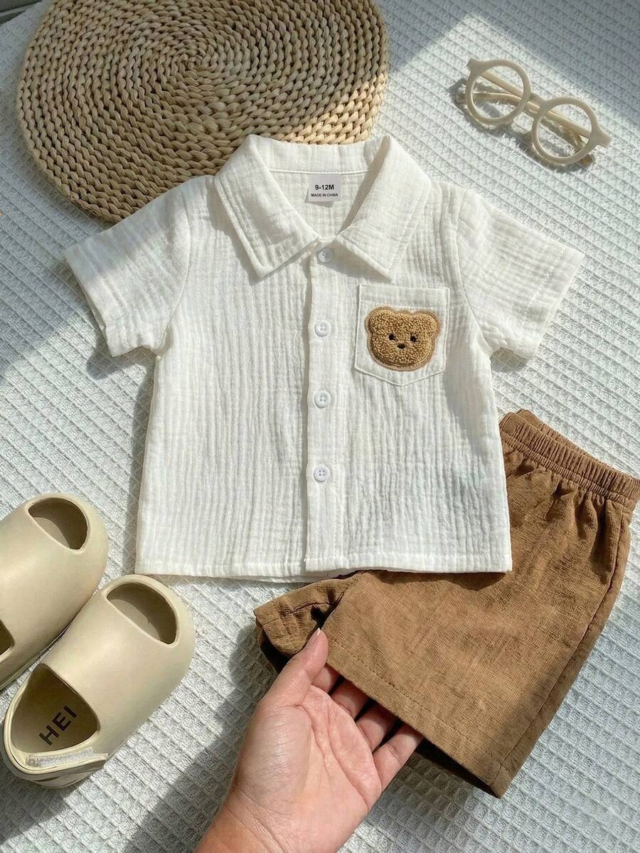Infant Baby Boy Green White Striped Waffle Knit Polo Shirt and Shorts 2 Piece Casual Outfit Set