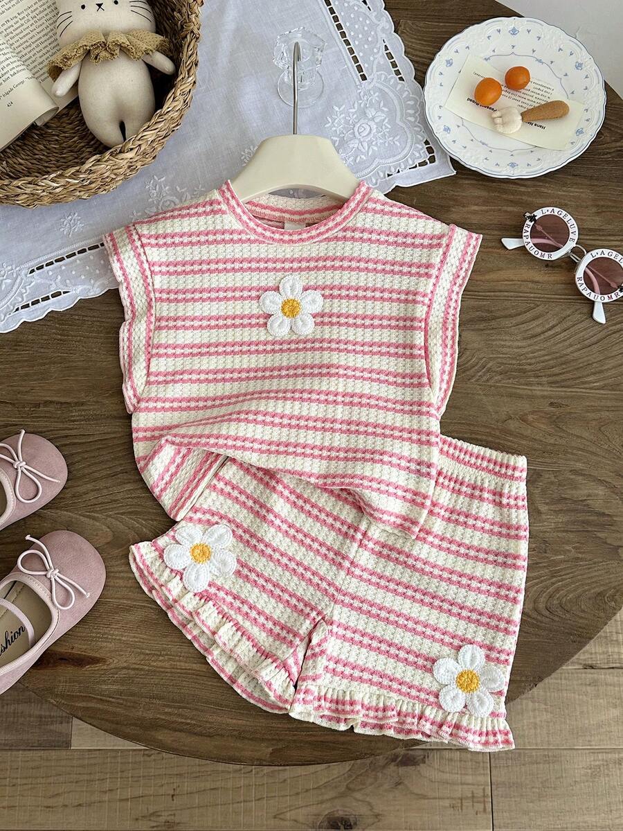 Cute Ruffle Sleeve Outfit Set For Little Girls Colorful Striped Clothing