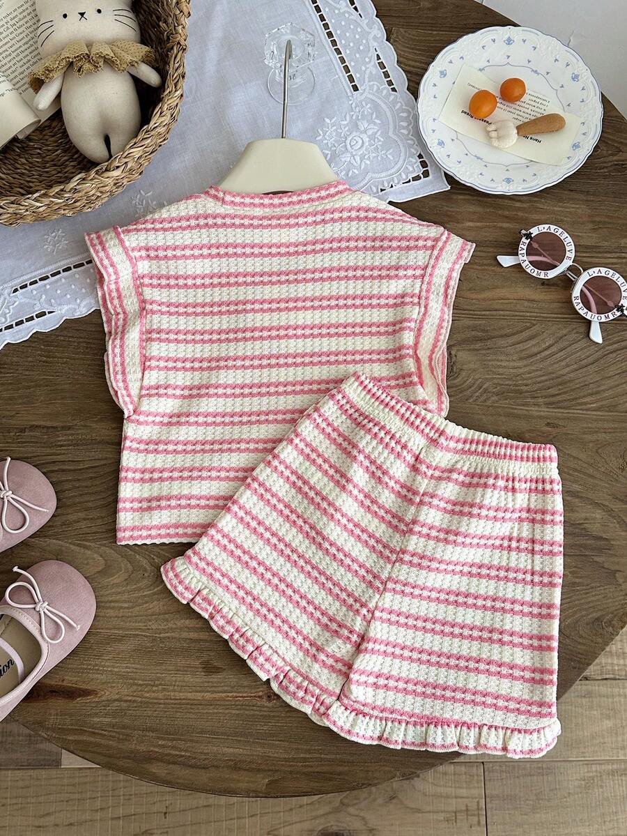 Cute Ruffle Sleeve Outfit Set For Little Girls Colorful Striped Clothing