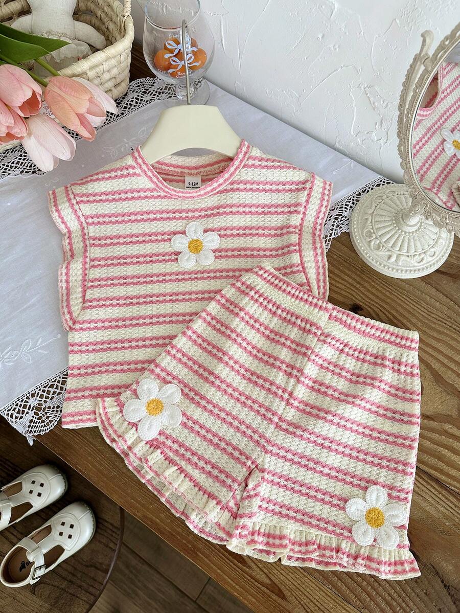 Cute Ruffle Sleeve Outfit Set For Little Girls Colorful Striped Clothing