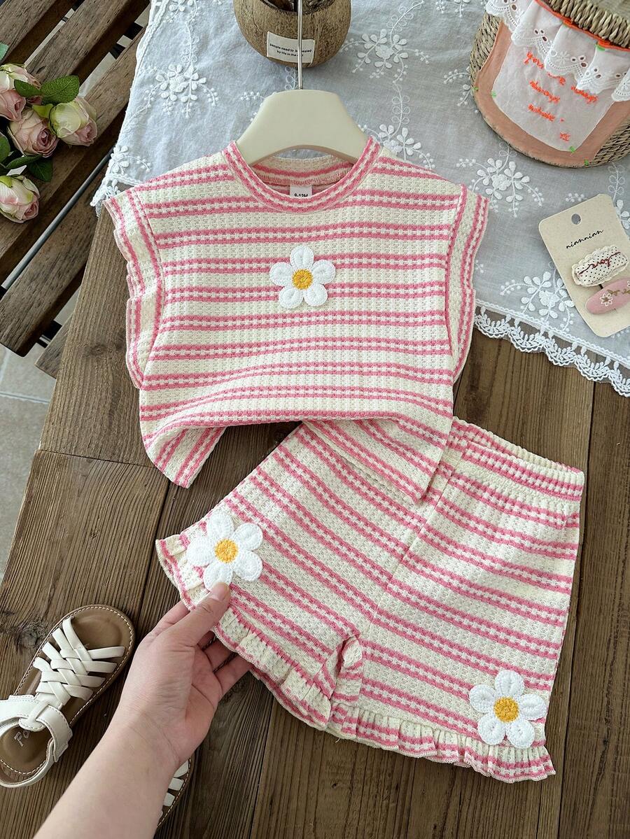 Cute Ruffle Sleeve Outfit Set For Little Girls Colorful Striped Clothing