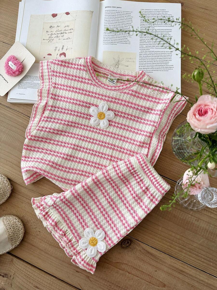 Cute Ruffle Sleeve Outfit Set For Little Girls Colorful Striped Clothing