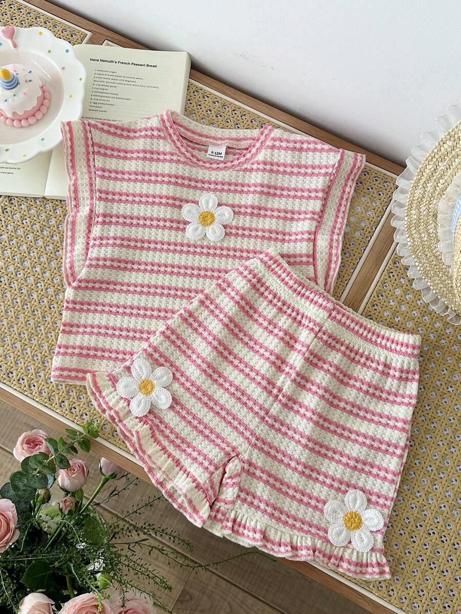 Cute Ruffle Sleeve Outfit Set For Little Girls Colorful Striped Clothing