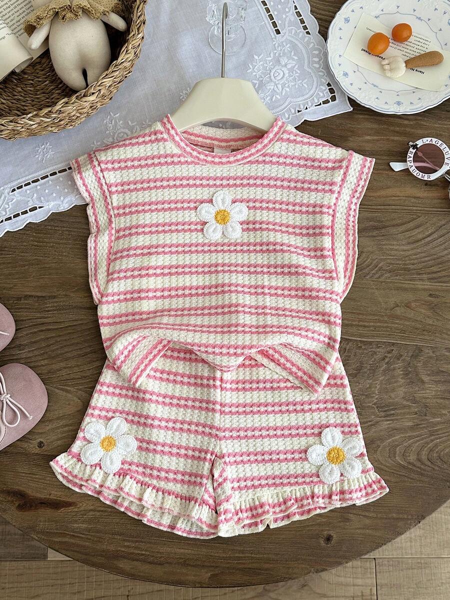 Cute Ruffle Sleeve Outfit Set For Little Girls Colorful Striped Clothing