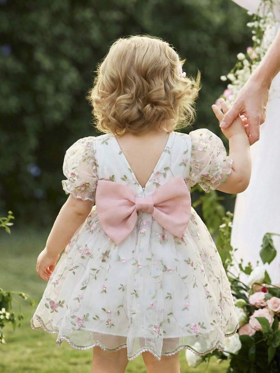 Pink Floral Mesh Embroidered Short Sleeve Dress for Baby Girls
