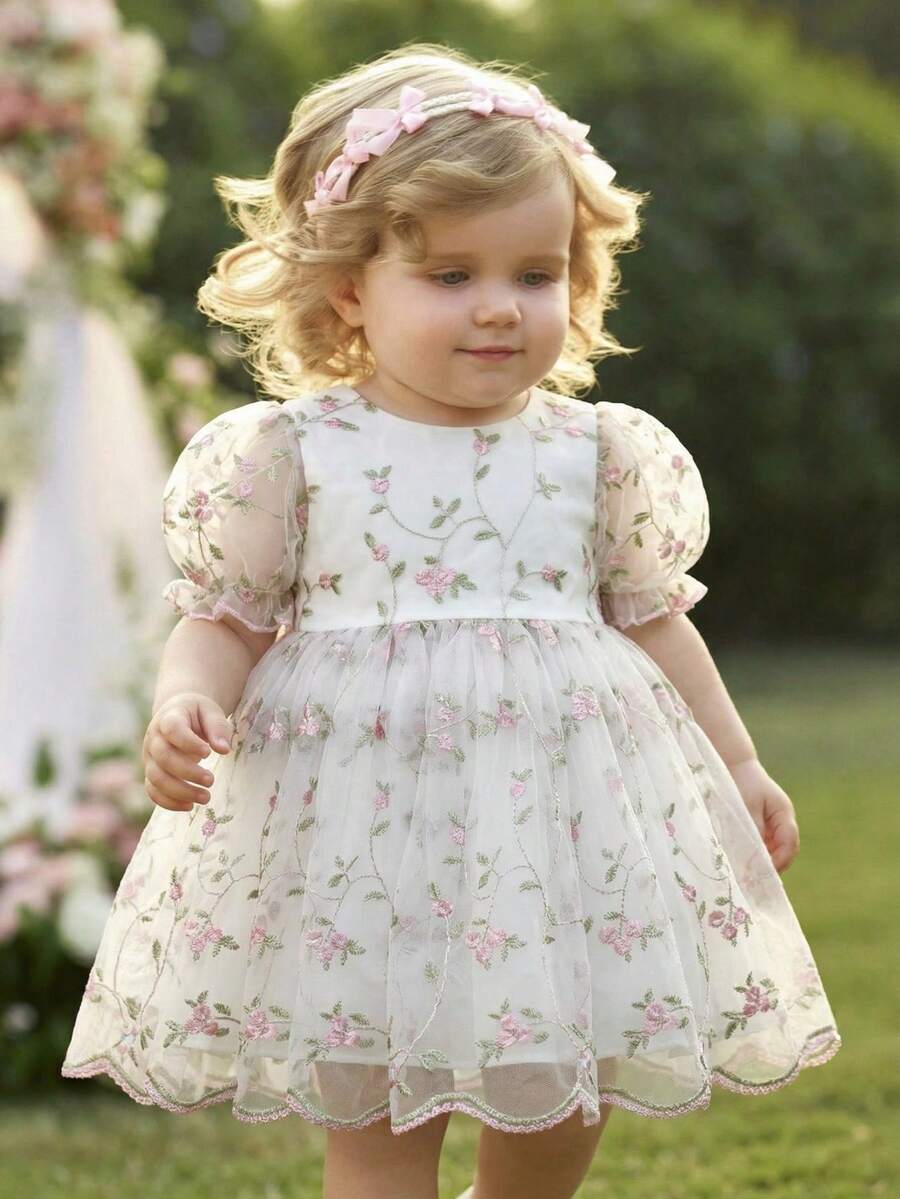 Pink Floral Mesh Embroidered Short Sleeve Dress for Baby Girls