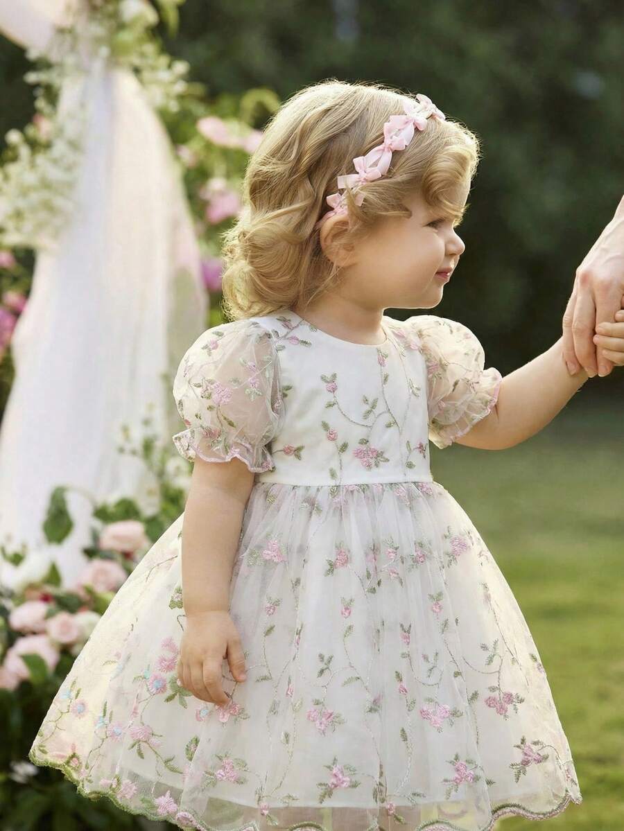 Pink Floral Mesh Embroidered Short Sleeve Dress for Baby Girls