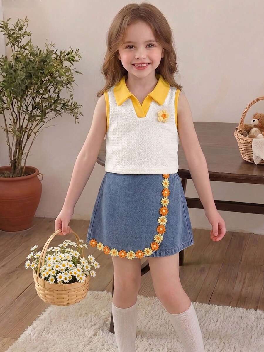 Toddler Girls Textured Knit Vest Top And Denim Skort Flower Embroidered Summer Outfit Set