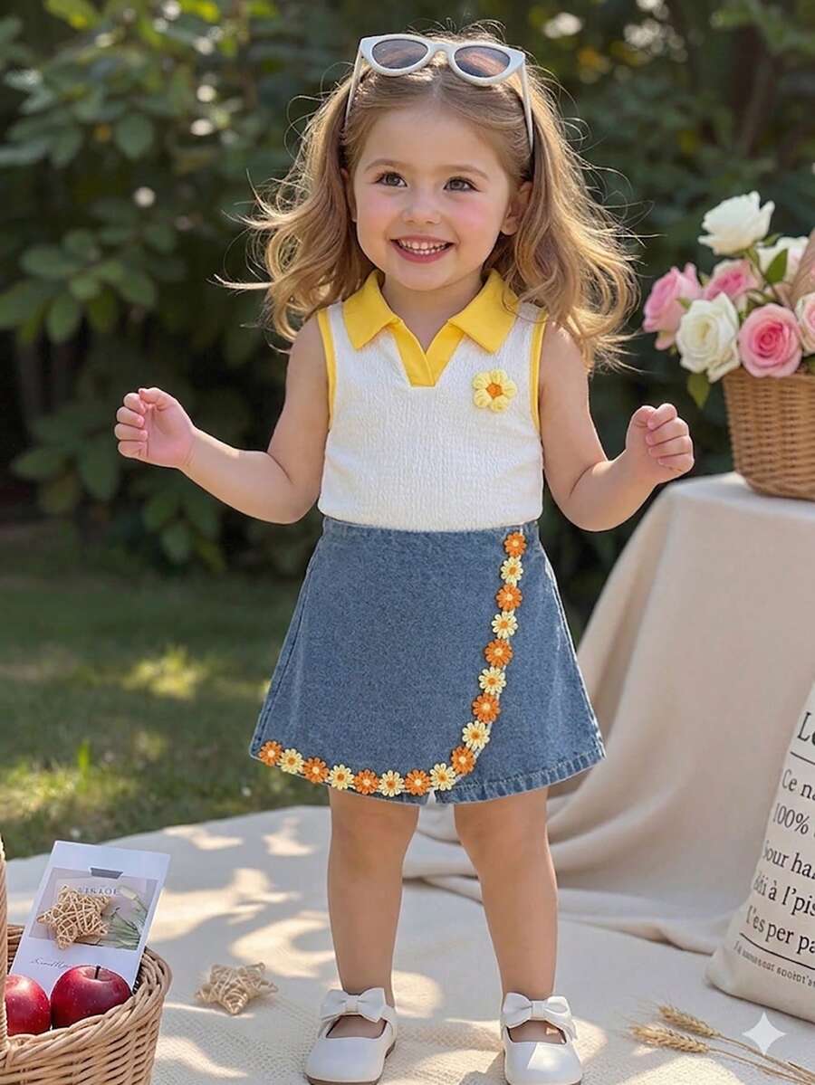 Toddler Girls Textured Knit Vest Top And Denim Skort Flower Embroidered Summer Outfit Set