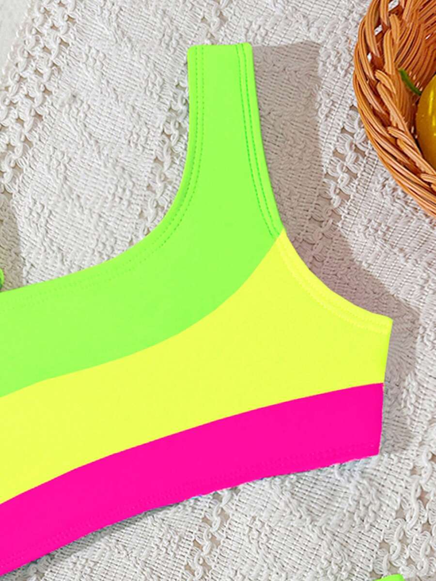 Neon Striped Swimwear For Toddler Girls Hollow Out Vacation Beach Outfit