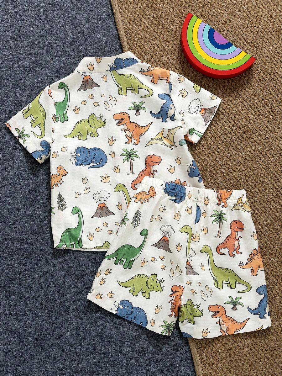 Toddler Boy Summer Vacation Outfit: Plant Print Shirt and Elastic Waist Shorts