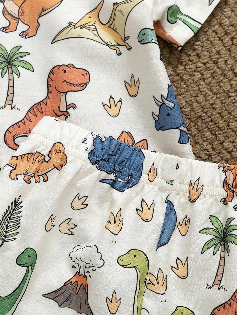 Toddler Boy Summer Vacation Outfit: Plant Print Shirt and Elastic Waist Shorts