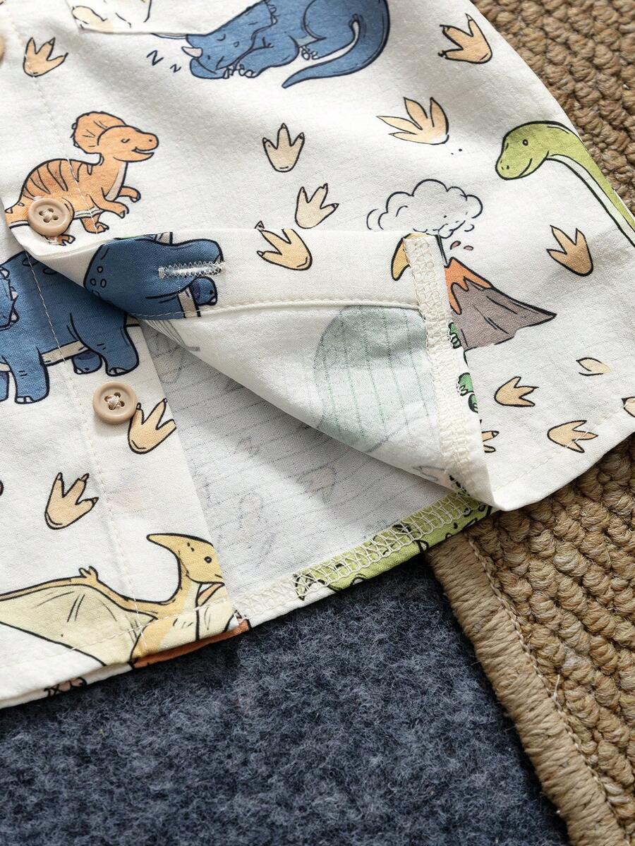 Toddler Boy Summer Vacation Outfit: Plant Print Shirt and Elastic Waist Shorts