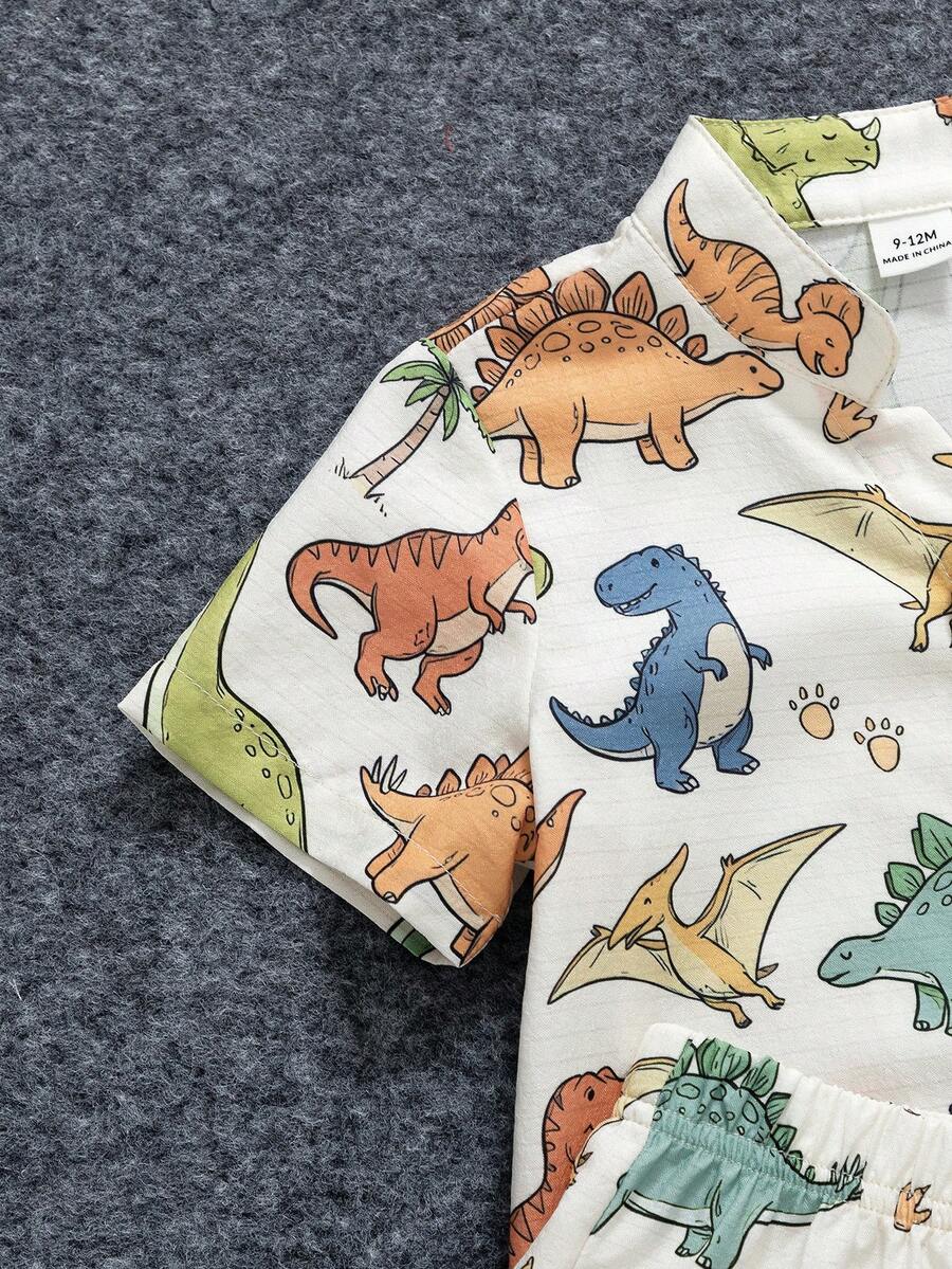 Toddler Boy Summer Vacation Outfit: Plant Print Shirt and Elastic Waist Shorts