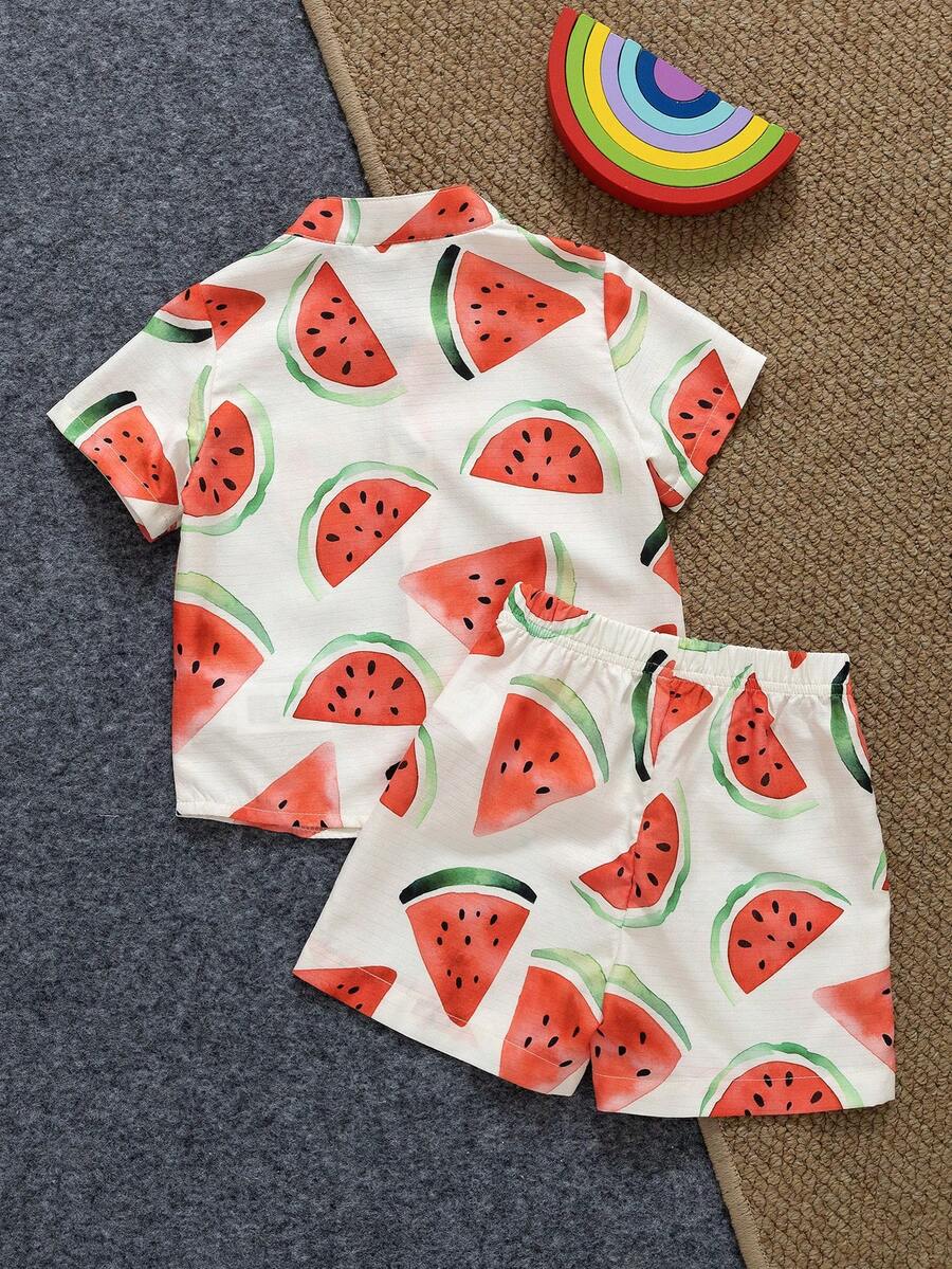 Toddler Boy Summer Vacation Outfit: Plant Print Shirt and Elastic Waist Shorts