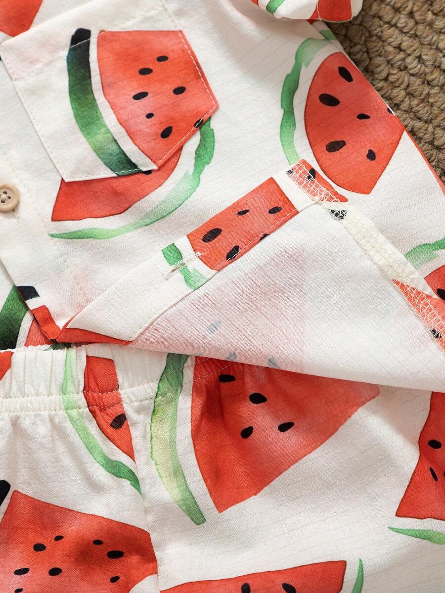 Toddler Boy Summer Vacation Outfit: Plant Print Shirt and Elastic Waist Shorts