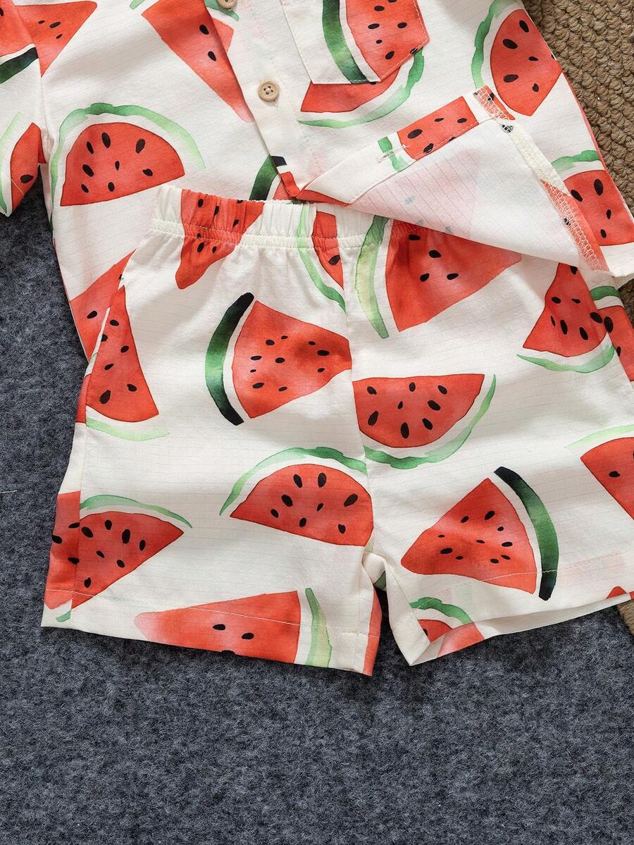 Toddler Boy Summer Vacation Outfit: Plant Print Shirt and Elastic Waist Shorts