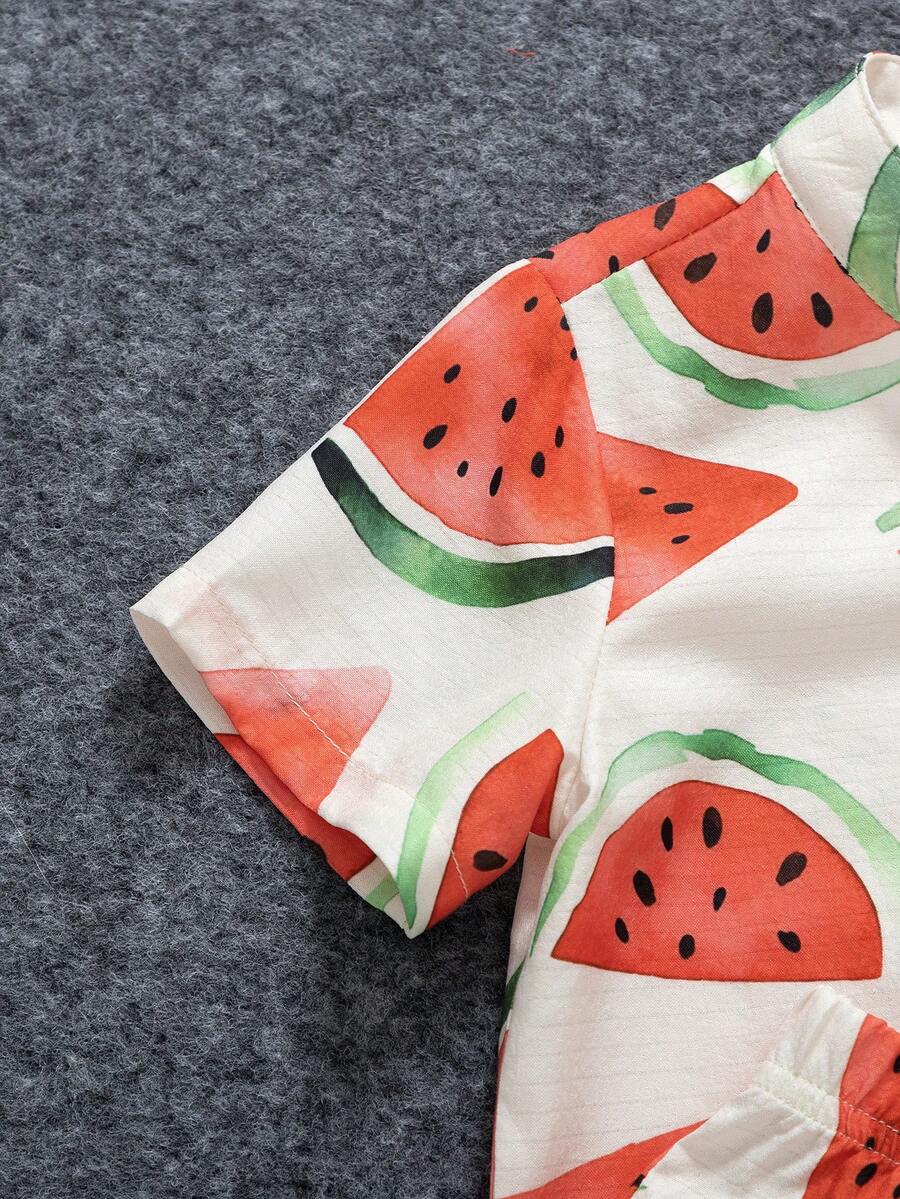 Toddler Boy Summer Vacation Outfit: Plant Print Shirt and Elastic Waist Shorts