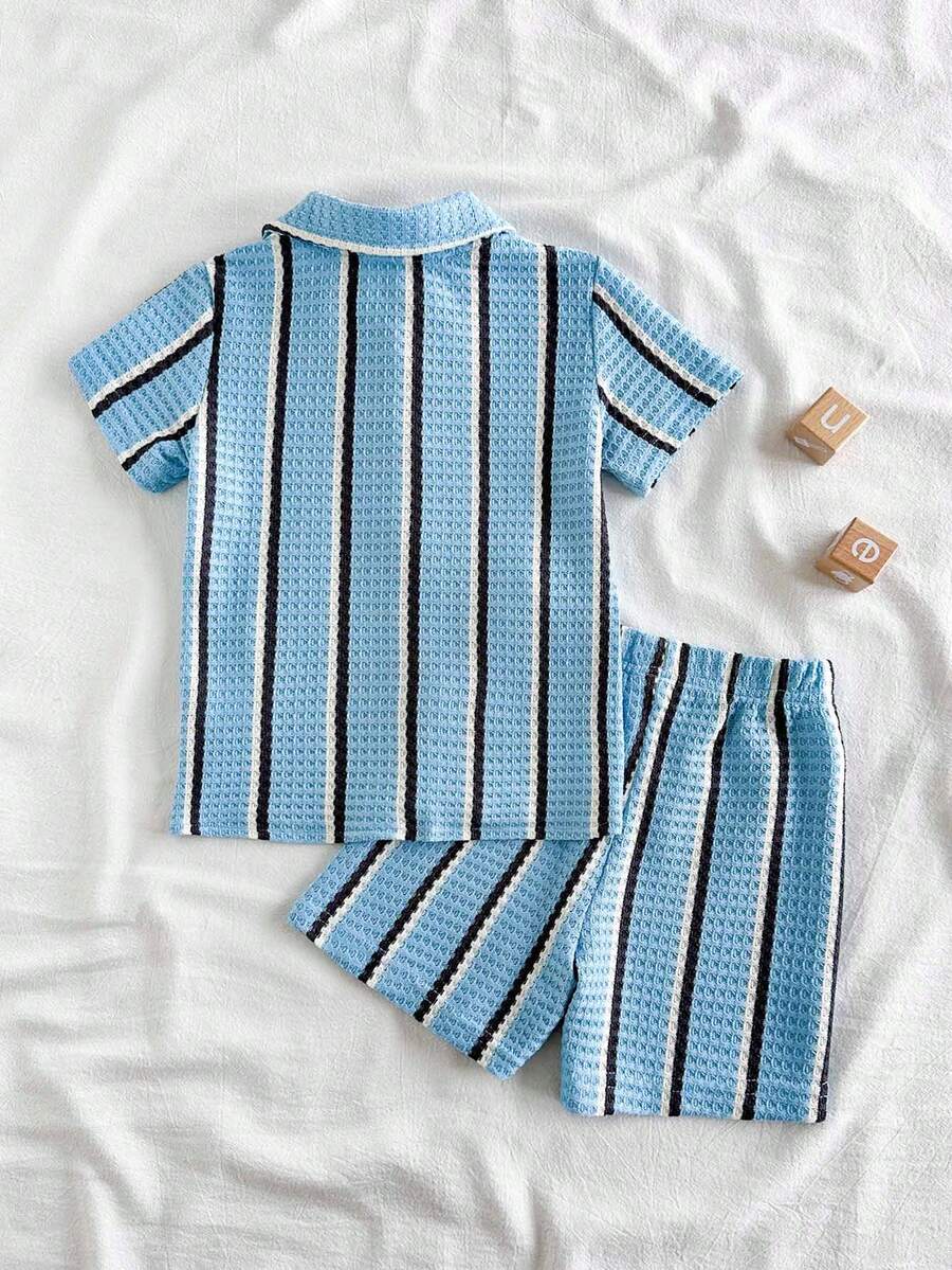 Infant Baby Boy Green White Striped Waffle Knit Polo Shirt and Shorts 2 Piece Casual Outfit Set