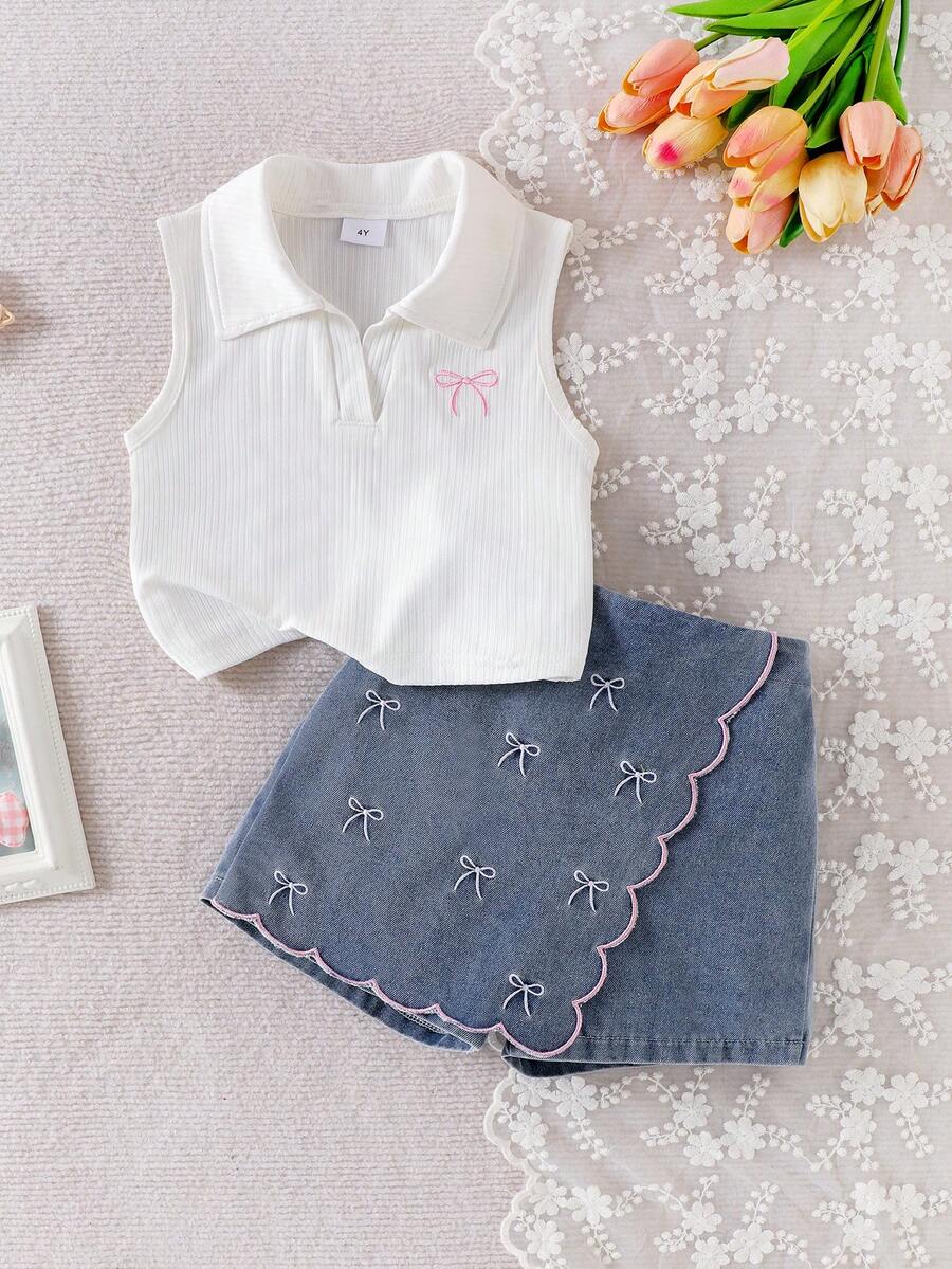 Toddler Girls Textured Knit Vest Top And Denim Skort Flower Embroidered Summer Outfit Set
