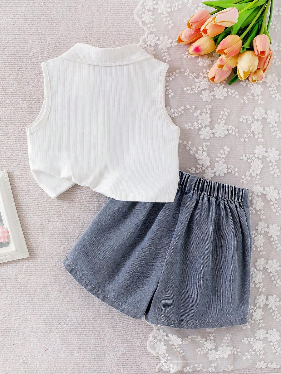 Toddler Girls Textured Knit Vest Top And Denim Skort Flower Embroidered Summer Outfit Set