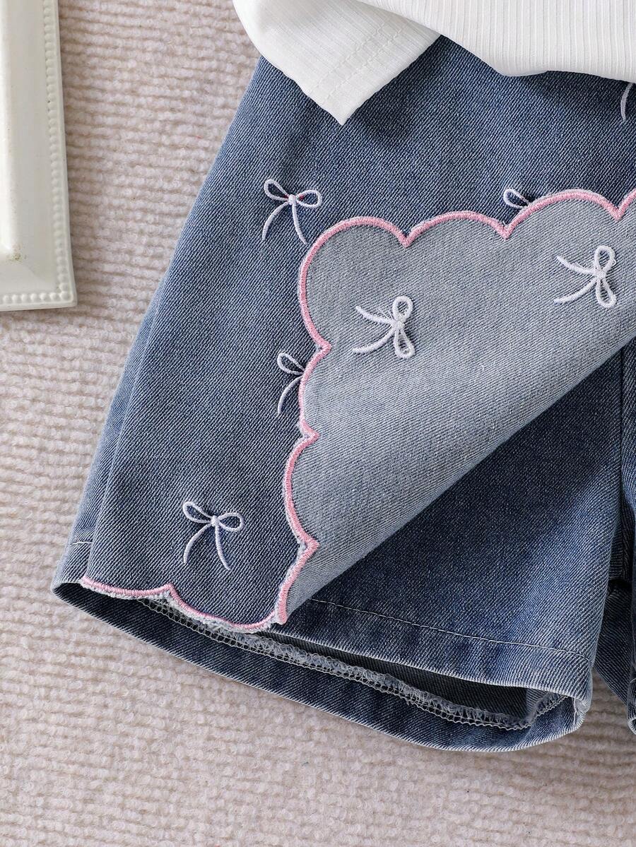 Toddler Girls Textured Knit Vest Top And Denim Skort Flower Embroidered Summer Outfit Set