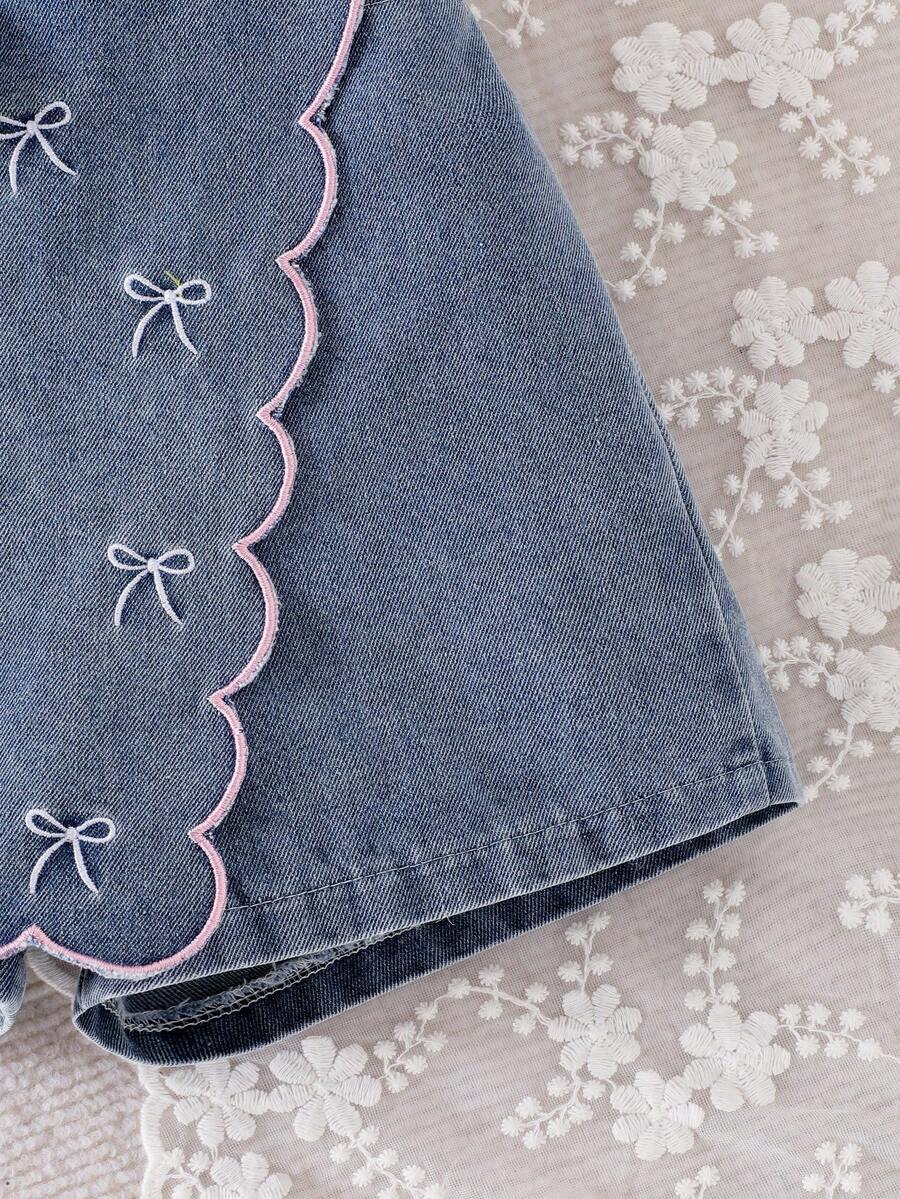 Toddler Girls Textured Knit Vest Top And Denim Skort Flower Embroidered Summer Outfit Set