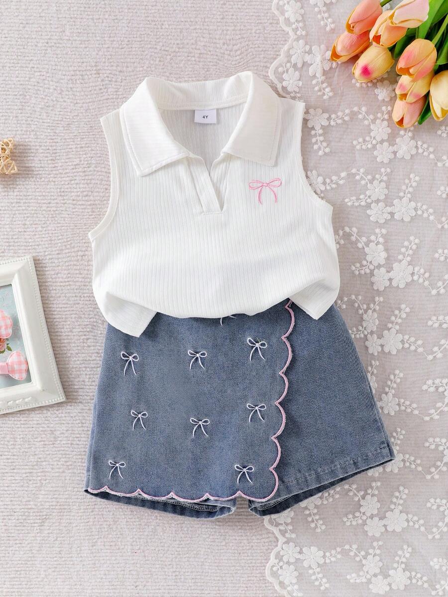 Toddler Girls Textured Knit Vest Top And Denim Skort Flower Embroidered Summer Outfit Set