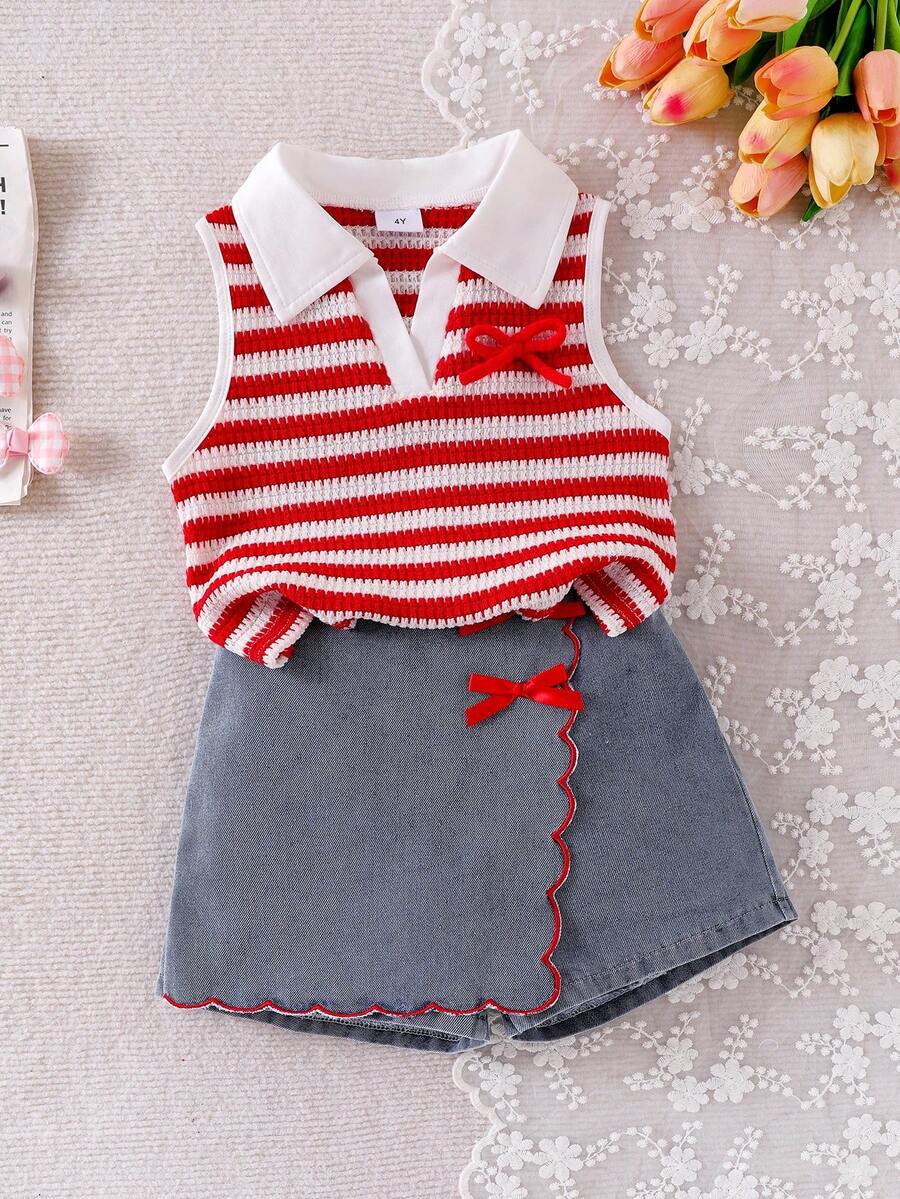 Toddler Girls Textured Knit Vest Top And Denim Skort Flower Embroidered Summer Outfit Set