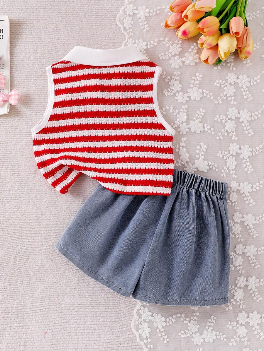Toddler Girls Textured Knit Vest Top And Denim Skort Flower Embroidered Summer Outfit Set