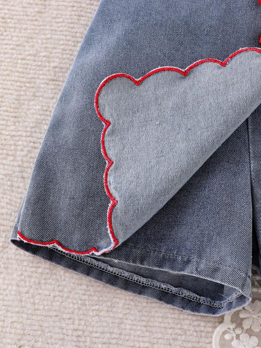 Toddler Girls Textured Knit Vest Top And Denim Skort Flower Embroidered Summer Outfit Set