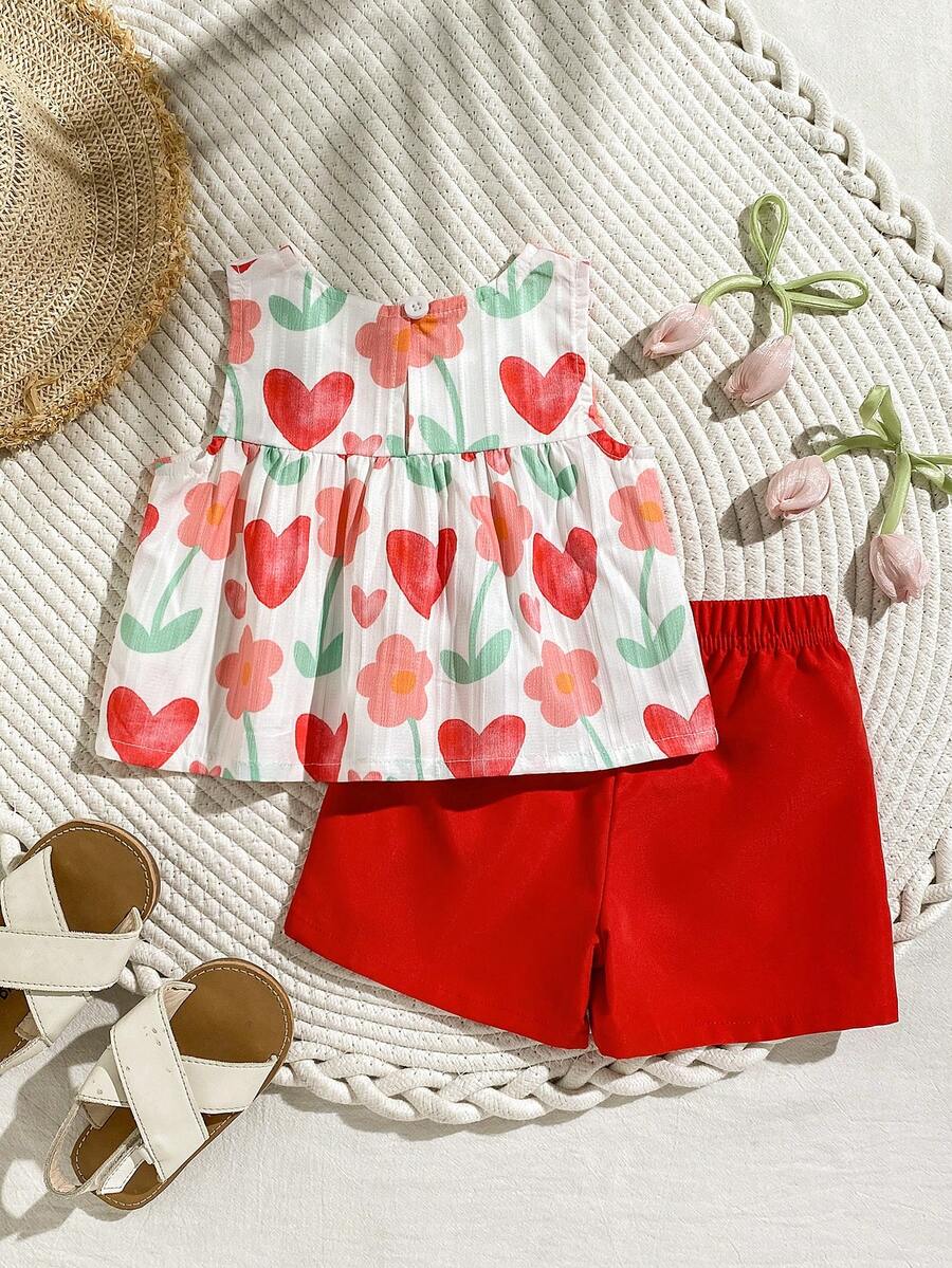 Cherry Print Sleeveless Top and Red Shorts Set for Baby Girls