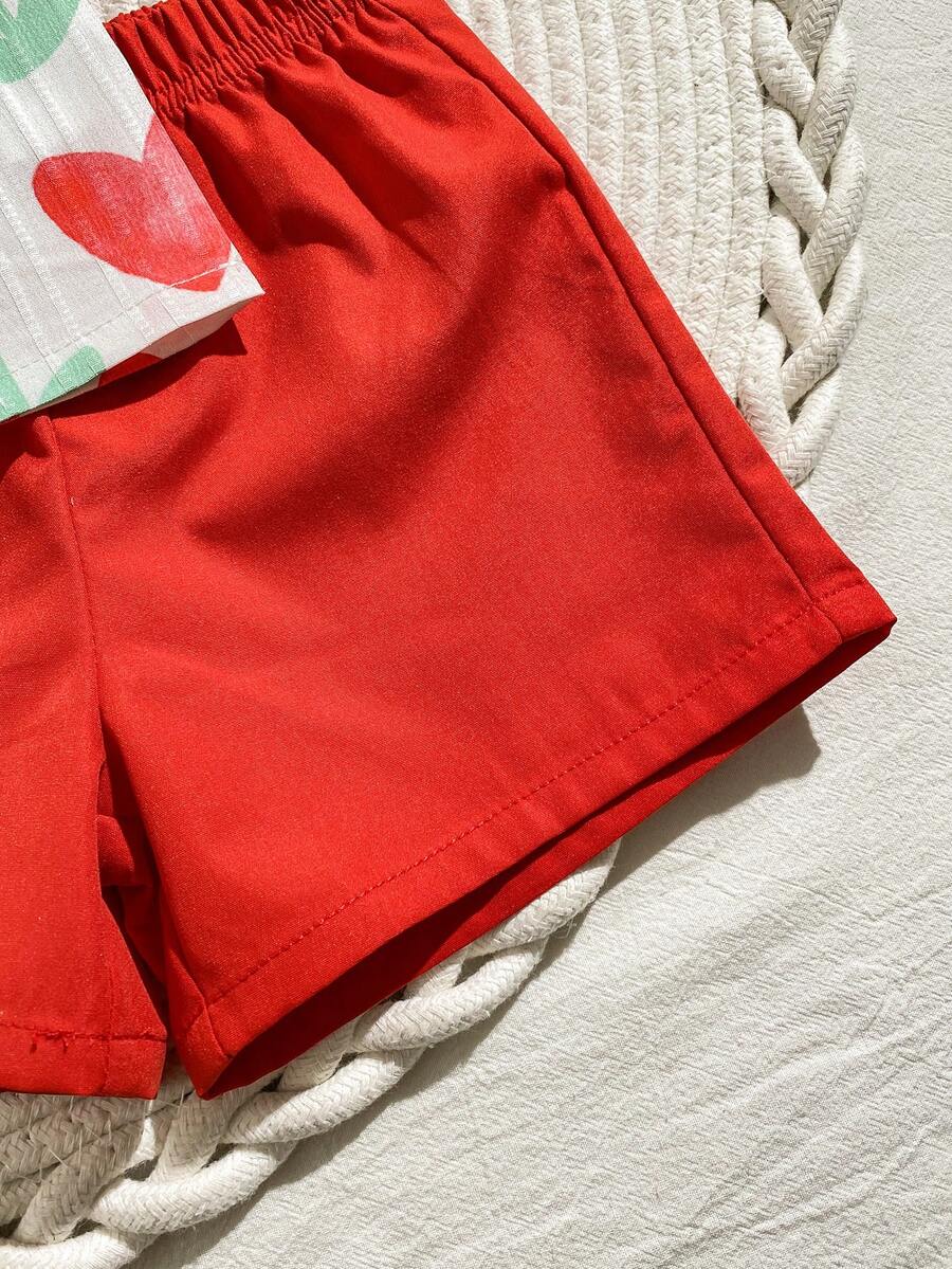 Cherry Print Sleeveless Top and Red Shorts Set for Baby Girls