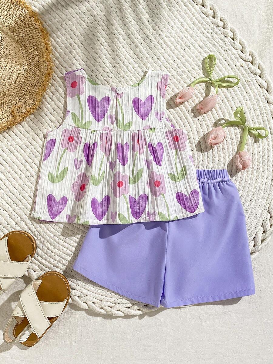 Cherry Print Sleeveless Top and Red Shorts Set for Baby Girls