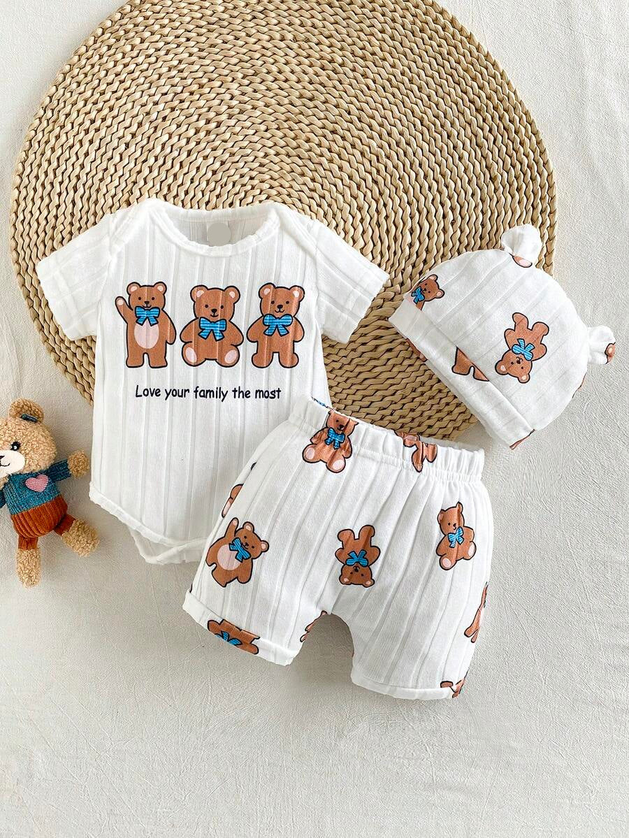 Baby Boys Brown Bear Romper Shorts and Hat Set for Summer Outdoor Wear