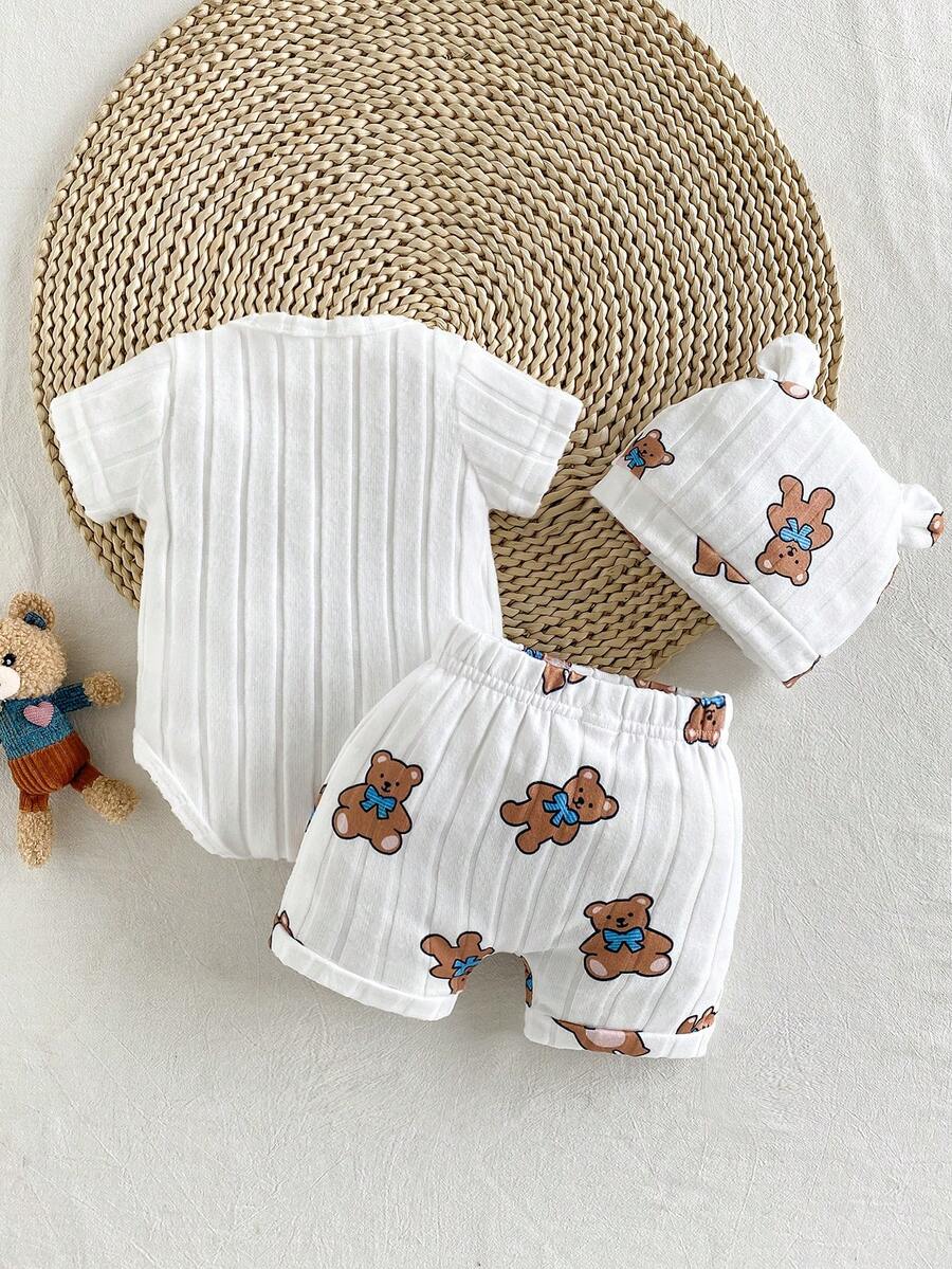 Baby Boys Brown Bear Romper Shorts and Hat Set for Summer Outdoor Wear