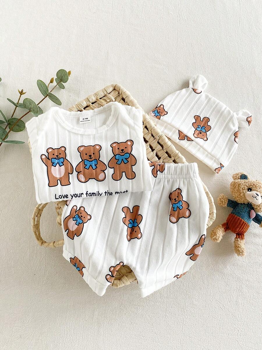 Baby Boys Brown Bear Romper Shorts and Hat Set for Summer Outdoor Wear