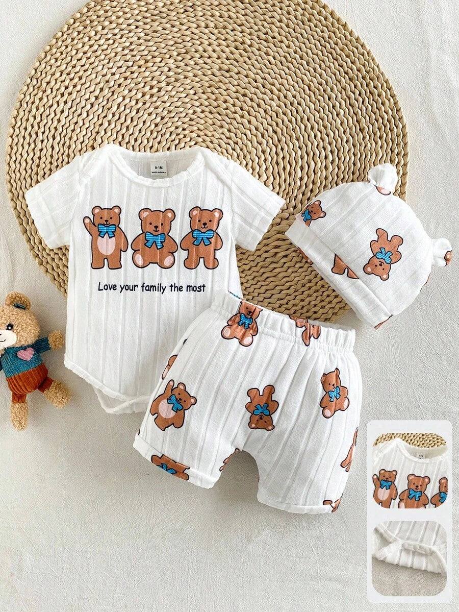Baby Boys Brown Bear Romper Shorts and Hat Set for Summer Outdoor Wear