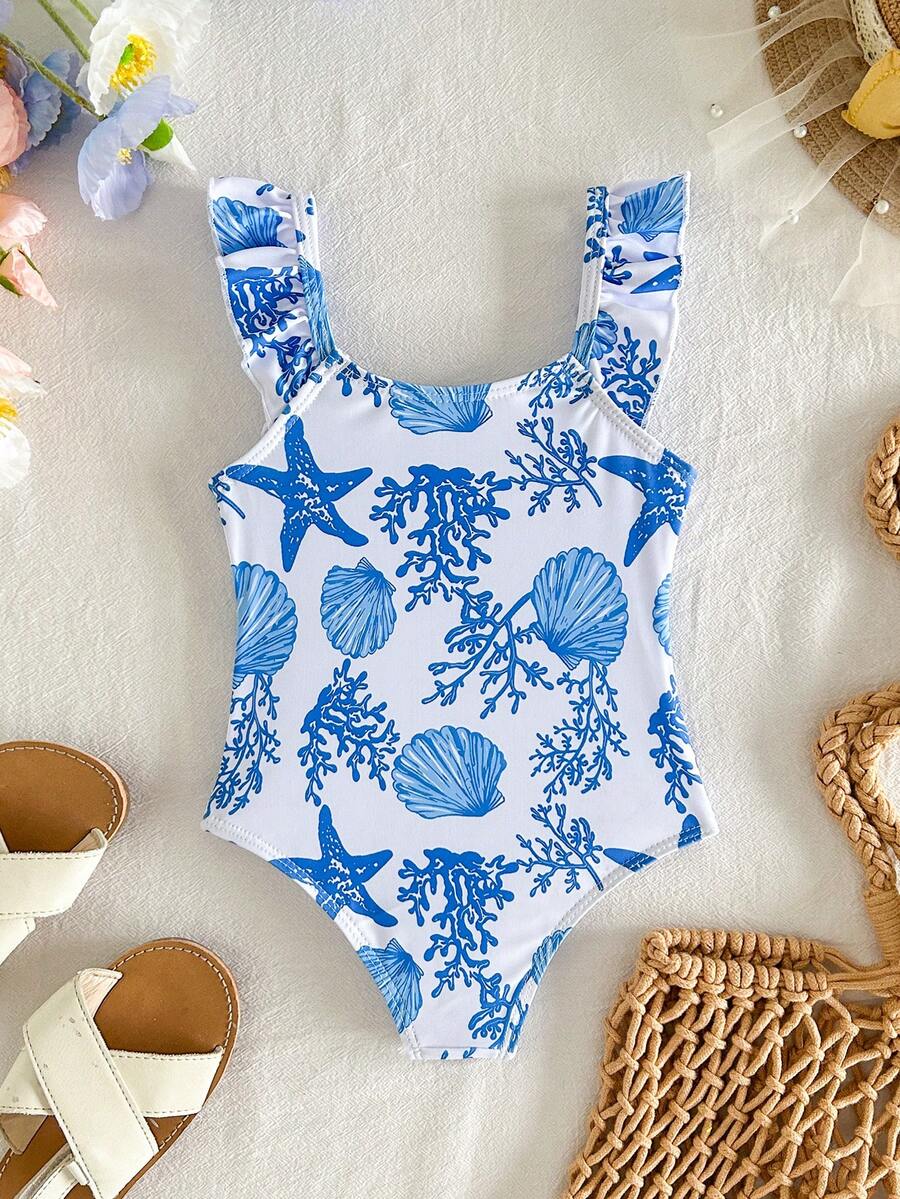 Vintage Shell Print One Piece Swimsuit For Baby Girls Summer Beach Vacation Wear