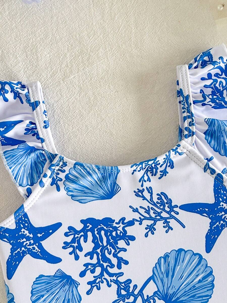 Vintage Shell Print One Piece Swimsuit For Baby Girls Summer Beach Vacation Wear