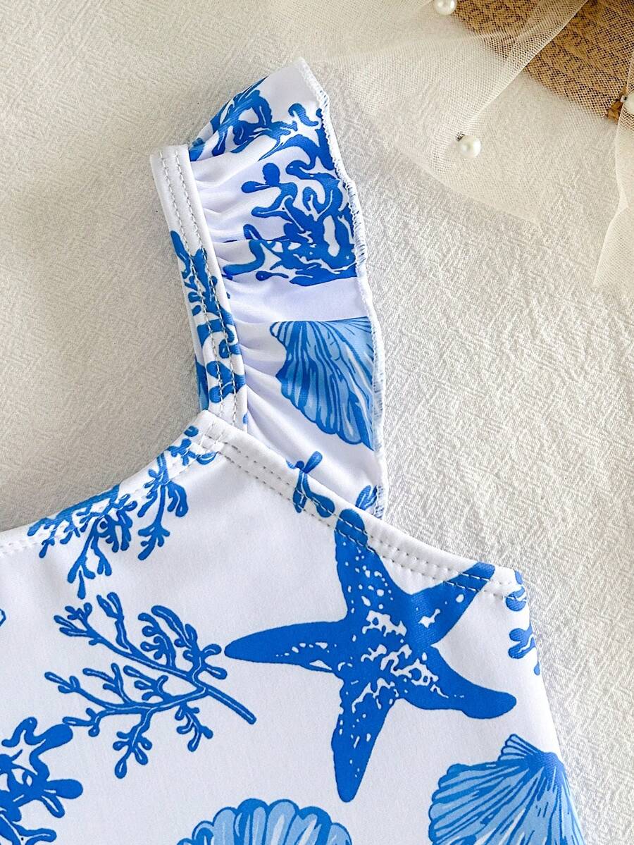 Vintage Shell Print One Piece Swimsuit For Baby Girls Summer Beach Vacation Wear