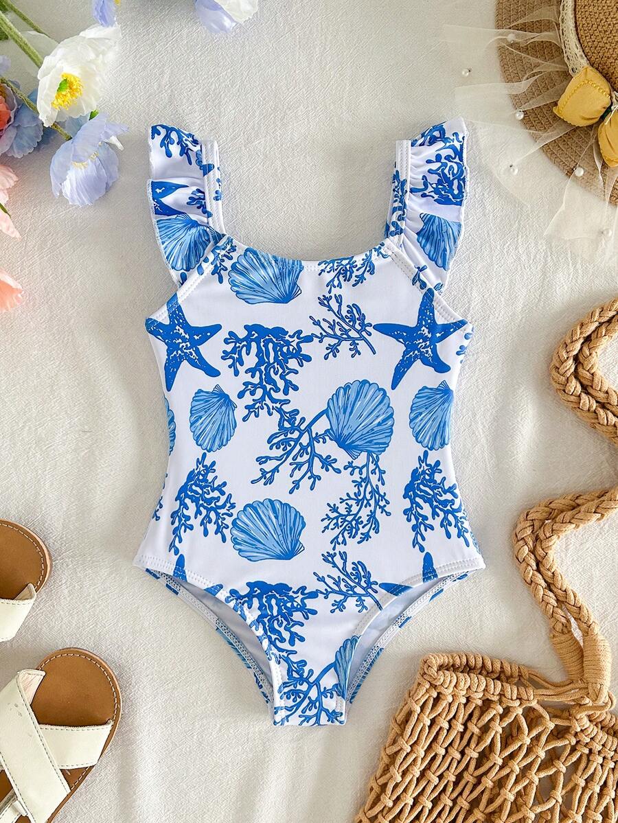 Vintage Shell Print One Piece Swimsuit For Baby Girls Summer Beach Vacation Wear